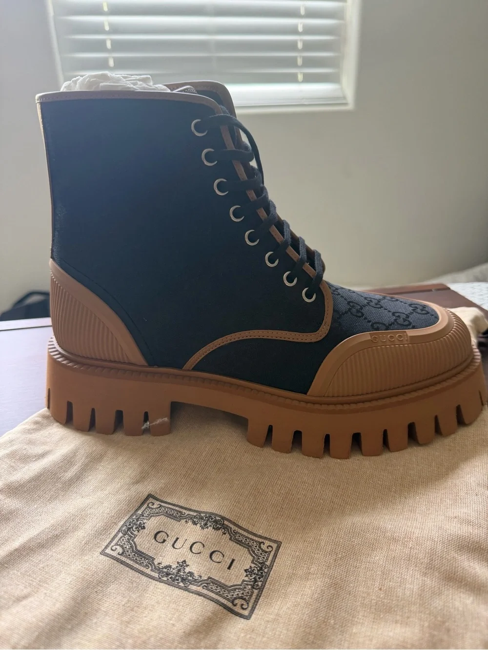 Gucci Black Canvas with Tan Trim Lug-Sole Men's Boots - Picture 3 of 3
